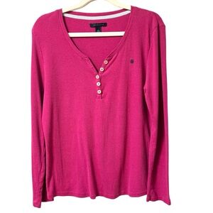 Tommy Hilfiger Long Sleeved Henley Top Womens Large Pink Monogramed Pink Button